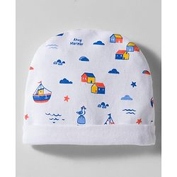 Babyhug 100% Cotton Knit Cap Mittens & Booties With Boat Print White - Diameter 9 cm