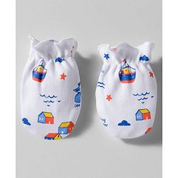 Babyhug 100% Cotton Knit Cap Mittens & Booties With Boat Print White - Diameter 9 cm
