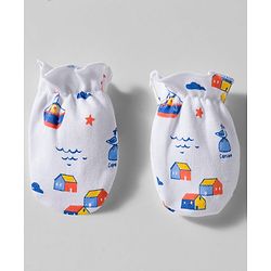 Babyhug 100% Cotton Knit Cap Mittens & Booties With Boat Print White - Diameter 9 cm