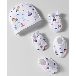 Babyhug 100% Cotton Knit Cap Mittens & Booties With Boat Print White - Diameter 9 cm