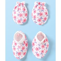 Babyhug 100% Cotton Knit Mittens & Booties with Floral Print - Pink