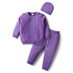 Babyhug Knit Full Sleeves Sweater Set with Cable Knit Design & Cap - Lavender