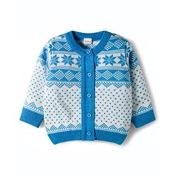 Babyhug Knit Full Sleeves Sweater Set With Cap & Aztec Design - Light Blue