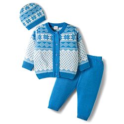 Babyhug Knit Full Sleeves Sweater Set With Cap & Aztec Design - Light Blue
