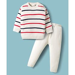 Babyhug Knit Full Sleeves Sweater & Pant Set with Stripe Design - White