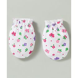 Babyhug 100% Knit Cotton Mittens & Booties Set With Floral Print - White