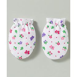 Babyhug 100% Knit Cotton Mittens & Booties Set With Floral Print - White