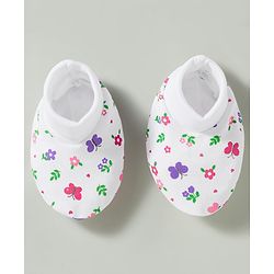 Babyhug 100% Knit Cotton Mittens & Booties Set With Floral Print - White