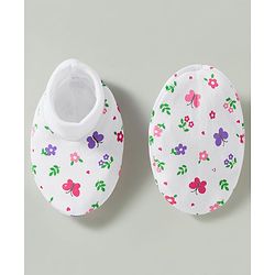 Babyhug 100% Knit Cotton Mittens & Booties Set With Floral Print - White