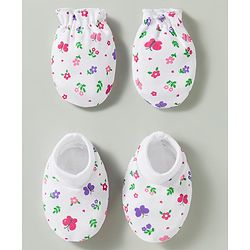 Babyhug 100% Knit Cotton Mittens & Booties Set With Floral Print - White