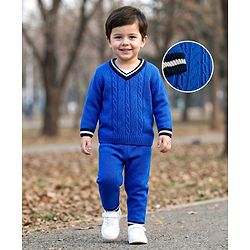 Babyhug Knitted Full Sleeves Sweater Set With Cable Knit Design - Royal Blue