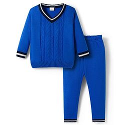 Babyhug Knitted Full Sleeves Sweater Set With Cable Knit Design - Royal Blue