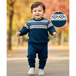 Babyhug Knitted Full Sleeves Pullover Sweater Set With Heart Design - Teal Blue