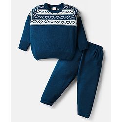 Babyhug Knitted Full Sleeves Pullover Sweater Set With Heart Design - Teal Blue