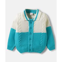 Babyhug Knit Full Sleeves Front Open Color Block Sweater Set with Cable Knit Design - Light Blue & Beige