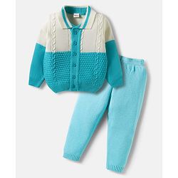 Babyhug Knit Full Sleeves Front Open Color Block Sweater Set with Cable Knit Design - Light Blue & Beige