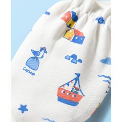 Babyhug 100% Cotton Knit Mittens & Booties With Nautical Print - Offwhite