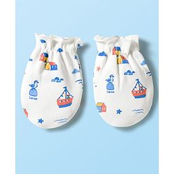 Babyhug 100% Cotton Knit Mittens & Booties With Nautical Print - Offwhite