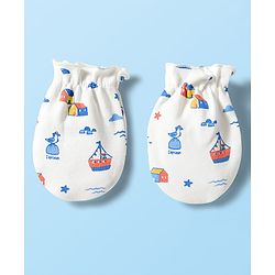 Babyhug 100% Cotton Knit Mittens & Booties With Nautical Print - Offwhite