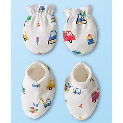 Babyhug 100% Cotton Mittens & Booties Set With Vehicle Print - White
