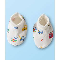 Babyhug 100% Cotton Mittens & Booties Set With Vehicle Print - White