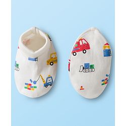 Babyhug 100% Cotton Mittens & Booties Set With Vehicle Print - White
