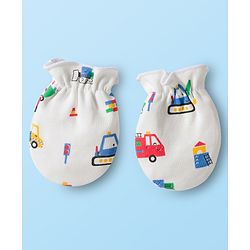 Babyhug 100% Cotton Mittens & Booties Set With Vehicle Print - White