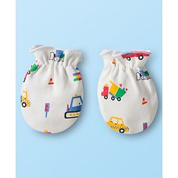 Babyhug 100% Cotton Mittens & Booties Set With Vehicle Print - White