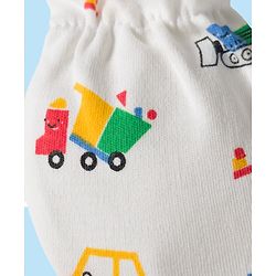 Babyhug 100% Cotton Mittens & Booties Set With Vehicle Print - White
