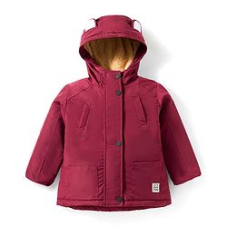 Babyhug Woven Full Sleeves Solid Color Hooded Winter Jacket With Ear Applique - Wine