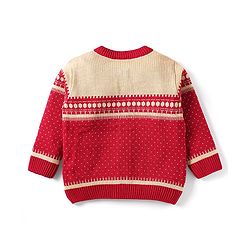 Babyhug Knit Full Sleeves Front Open Sweater Set with Fair Isle Design & Cap - Red