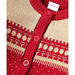 Babyhug Knit Full Sleeves Front Open Sweater Set with Fair Isle Design & Cap - Red