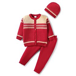 Babyhug Knit Full Sleeves Front Open Sweater Set with Fair Isle Design & Cap - Red