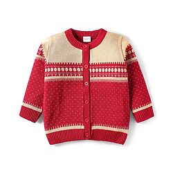 Babyhug Knit Full Sleeves Front Open Sweater Set with Fair Isle Design & Cap - Red