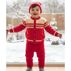 Babyhug Knit Full Sleeves Front Open Sweater Set with Fair Isle Design & Cap - Red