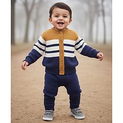 Babyhug Knit Full Sleeves Striped Front Open Sweater Set - Navy Blue