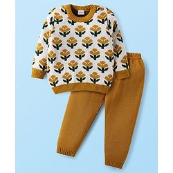 Babyhug Knitted Full Sleeves Pullover Sweater Set With Floral Design - Mustard