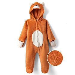 Babyhug Fur Knit Full Sleeves Winter Wear Hooded Romper With Animal Embroidery - Orange
