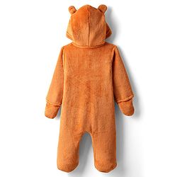 Babyhug Fur Knit Full Sleeves Winter Wear Hooded Romper With Animal Embroidery - Orange
