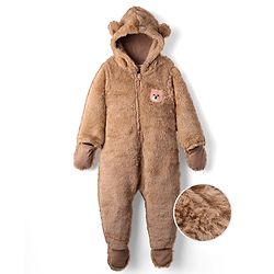 Babyhug Fur Knit Full Sleeves Front Open Winter Wear Footed Romper with Hoodie Bear Patch & Attached Mittens - Brown