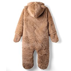 Babyhug Fur Knit Full Sleeves Front Open Winter Wear Footed Romper with Hoodie Bear Patch & Attached Mittens - Brown