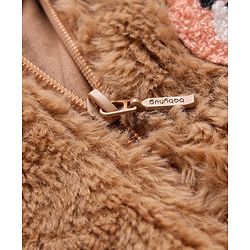 Babyhug Fur Knit Full Sleeves Front Open Winter Wear Footed Romper with Hoodie Bear Patch & Attached Mittens - Brown