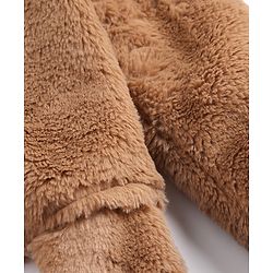 Babyhug Fur Knit Full Sleeves Front Open Winter Wear Footed Romper with Hoodie Bear Patch & Attached Mittens - Brown