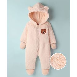 Babyhug Fur Knit Full Sleeves Winter Wear Hooded Romper With Teddy Bear Embroidery - Peacj