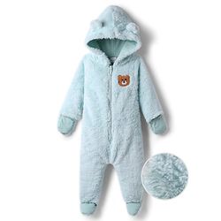 Babyhug Fur Knit Full Sleeves Front Open Winter Wear Footed Romper with Hoodie Bear Patch & Attached Mittens - Light Blue