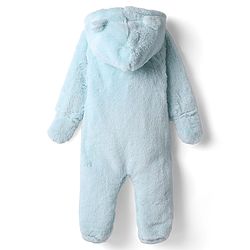 Babyhug Fur Knit Full Sleeves Front Open Winter Wear Footed Romper with Hoodie Bear Patch & Attached Mittens - Light Blue