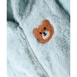 Babyhug Fur Knit Full Sleeves Front Open Winter Wear Footed Romper with Hoodie Bear Patch & Attached Mittens - Light Blue
