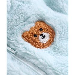 Babyhug Fur Knit Full Sleeves Front Open Winter Wear Footed Romper with Hoodie Bear Patch & Attached Mittens - Light Blue