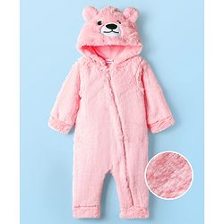 Babyhug Knit Full Sleeves Winter Wear Hooded Romper With Bear Applique - Brown