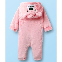 Babyhug Knit Full Sleeves Winter Wear Hooded Romper With Bear Applique - Brown